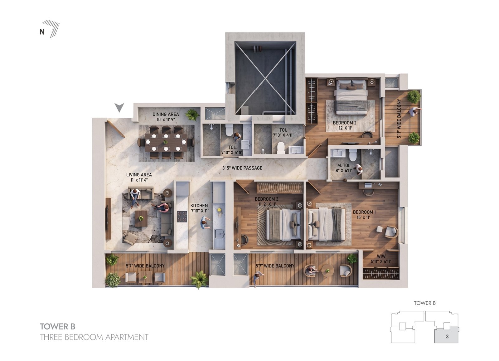 3BHK Tower B - 3 floor plan
